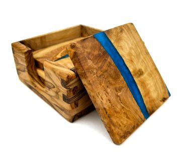 Wood 4 Coaster Set w/ Blue Resin Inlay