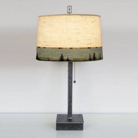 Steel Table Lamp Birch Sky On Wood w Drum Shade