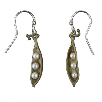 Petite Pea Pod Drop Earrings with Three Pearl Peas