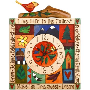 Sticks Flowers and Leaves Square Wall Clock with Bird